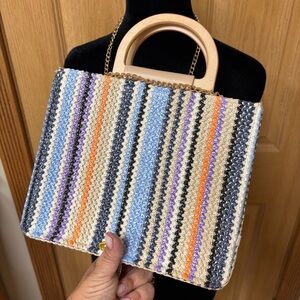 Haute Hippie Raffia Multicolor Purse With Gold Chain Strap And‎ Wooden Handles